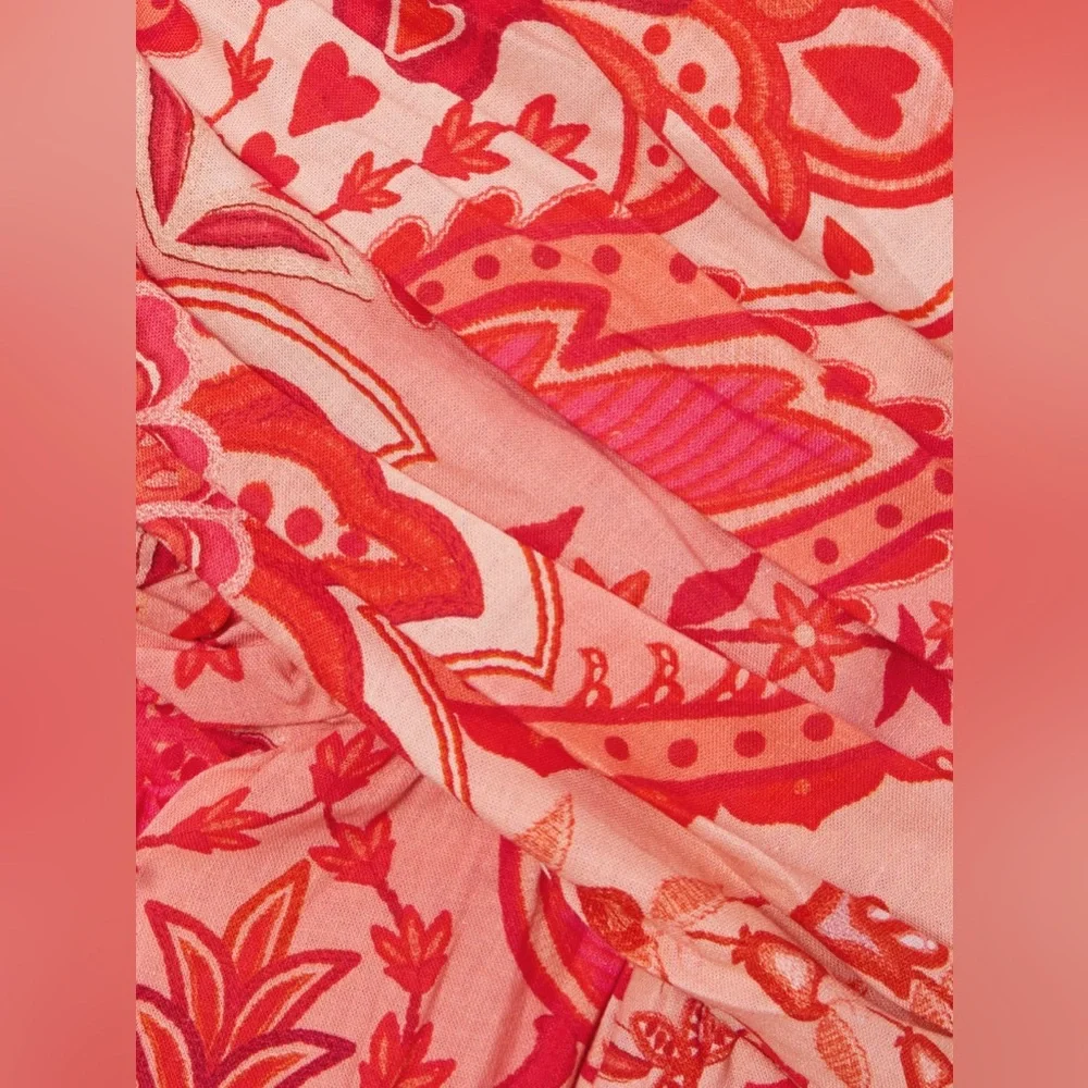 NWOT Farm Rio Red Jaipur Ruched Printed Linen Maxi Dress, Size XS - Picture 4 of 4
